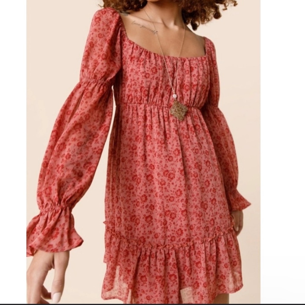 Altar'd State Dress Women XL Red Danity Flower Tiered Smock Boho Peasant NWT
